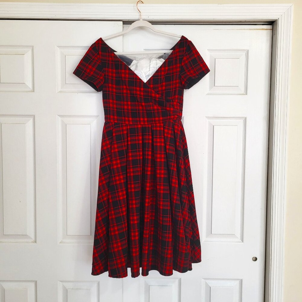 V-Neck Tartan/Plaid Vintage Retro Wrap Style Dress w/ Full Skirt